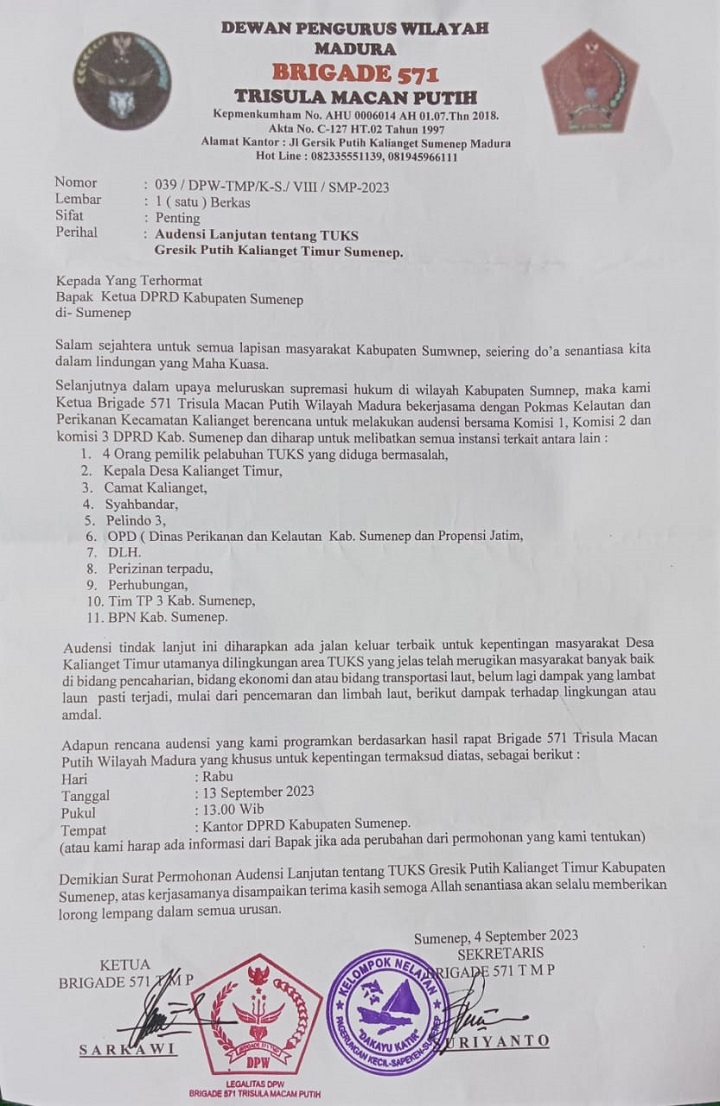 Brigade 571 Berkirim Surat ke Kantor DPRD Kabupaten Sumenep
