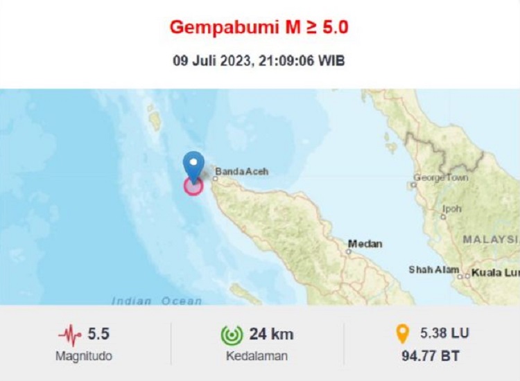 Banda Aceh Diguncang Gempa 5,5 Magnitudo, BMKG: Tidak Berpotensi Tsunami