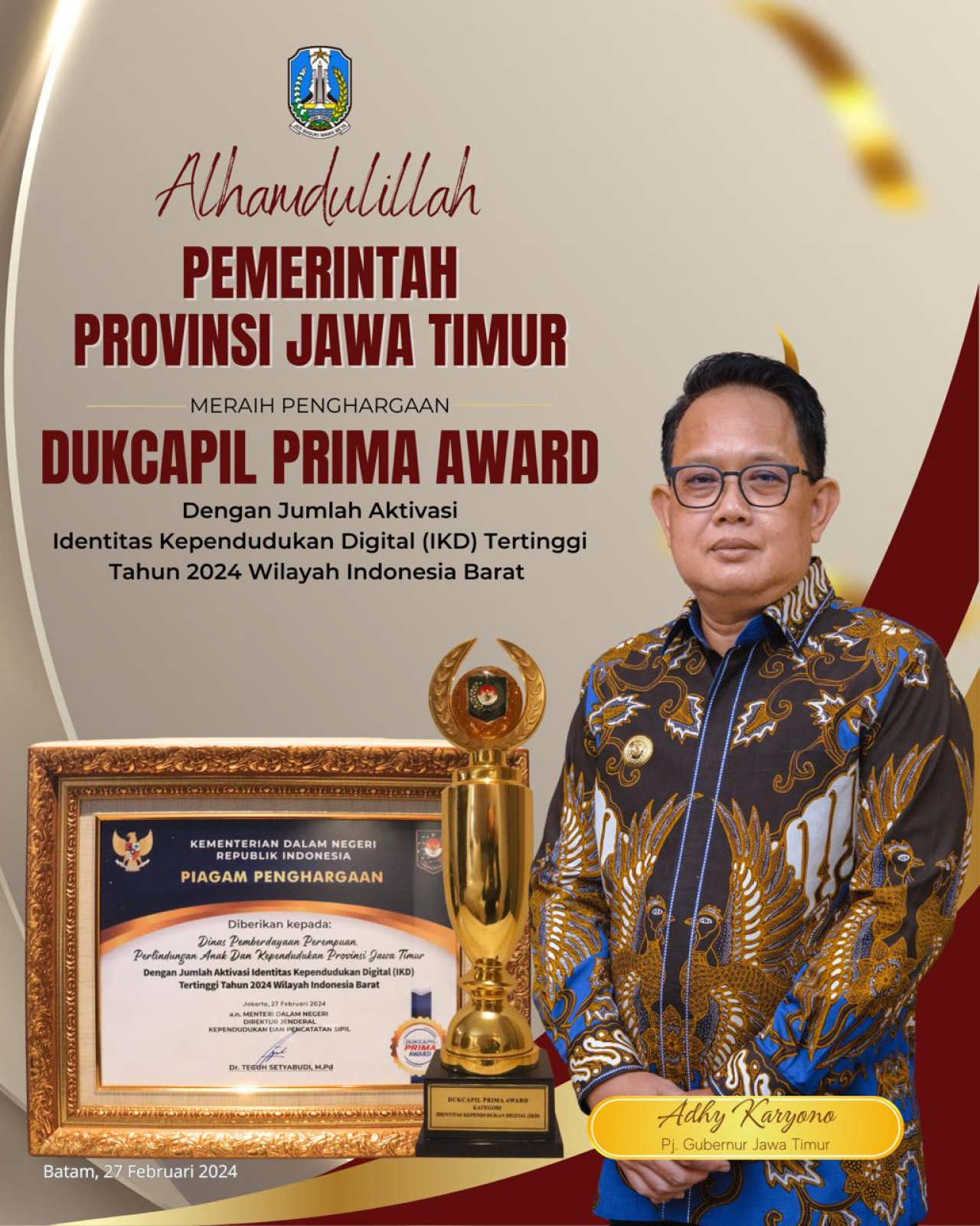 Pemprov Jatim Sabet Penghargaan Dukcapil Prima Award 2024