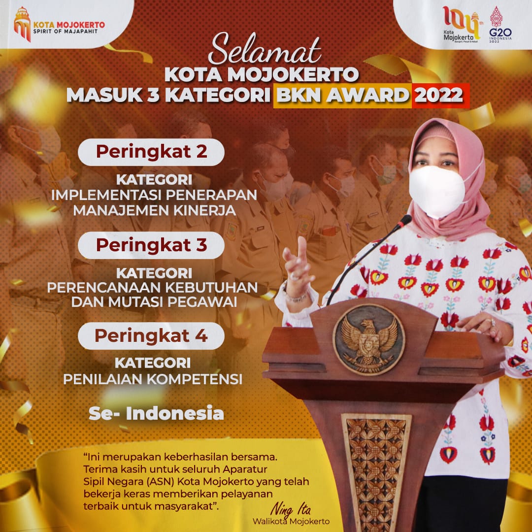 Pemkot Mojokerto Raih Tiga Penghargaan BKN Award 2022