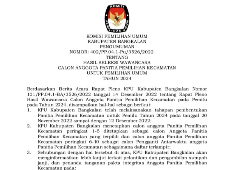 KPU Bangkalan Tetapkan 5 Nama PPK Pemilu 2024, Cek Namamu 