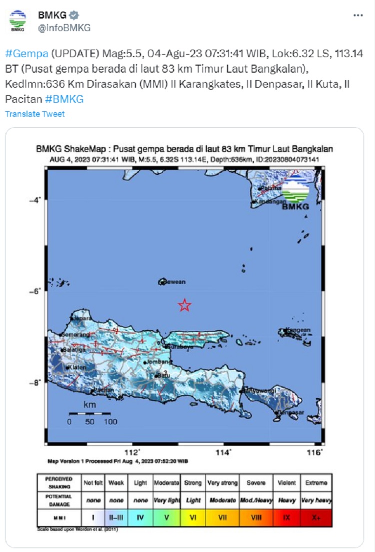 Gempa Pagi Ini, Bangkalan Jawa Timur Diguncang Magnitudo 5,5
